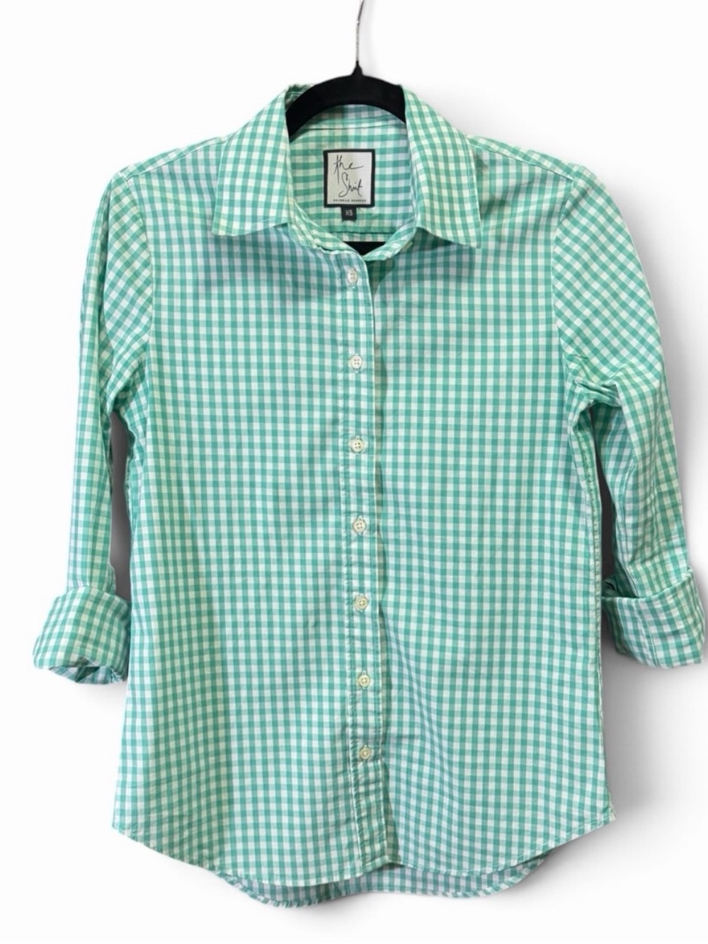 The Shirt by Rochelle Behrens Women’s Teal and White Gingham Button-Down Shirt